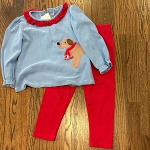Striped Dog Top and Red Leggings Set